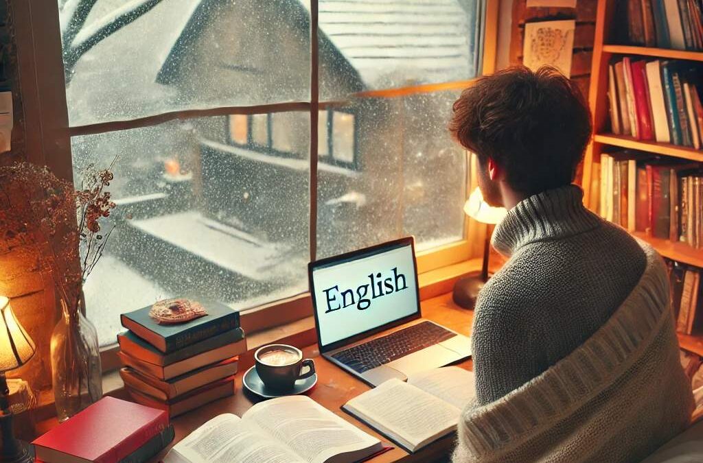 Una persona estudiando inglés en un ambiente acogedor de invierno, junto a una ventana con nieve en el exterior